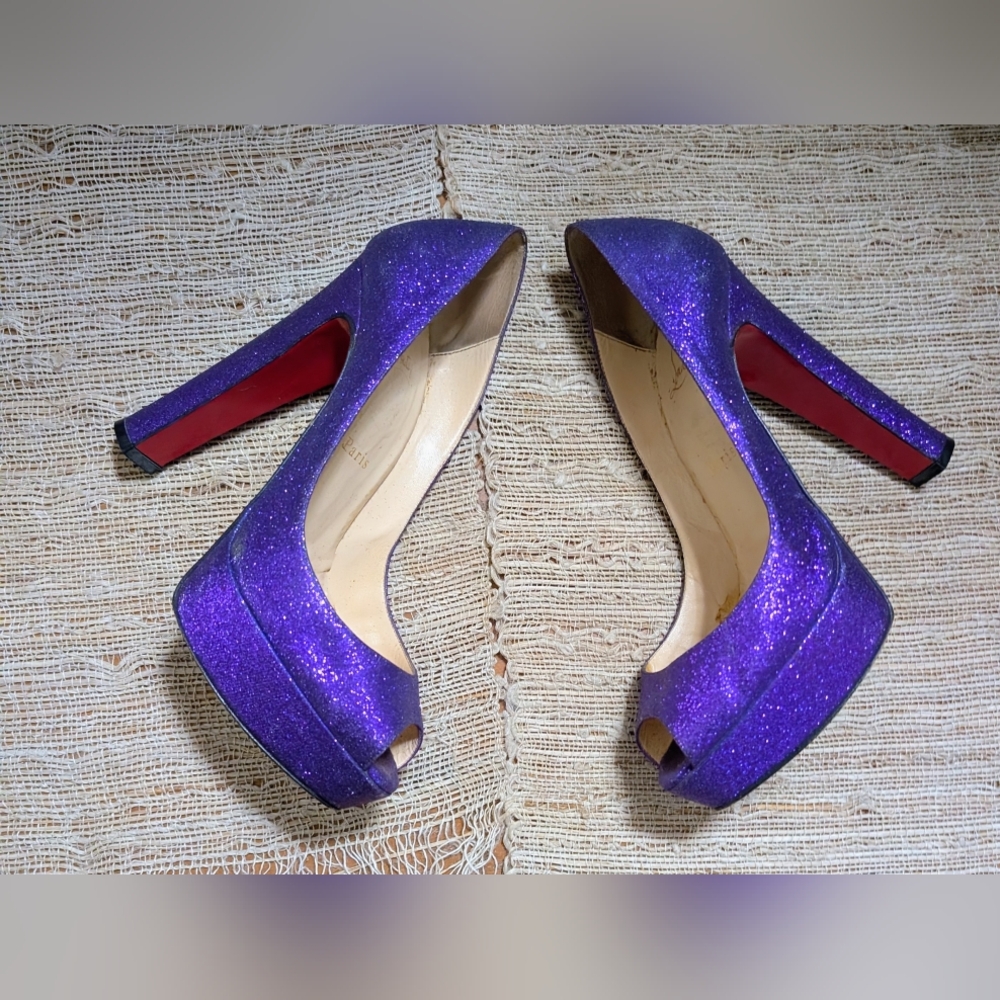 Christian Louboutin • Bamboo 140 Purple Sparkle Peep Toe Heels
